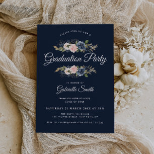 Lovely Navy blue blush floral graduation party Invitation