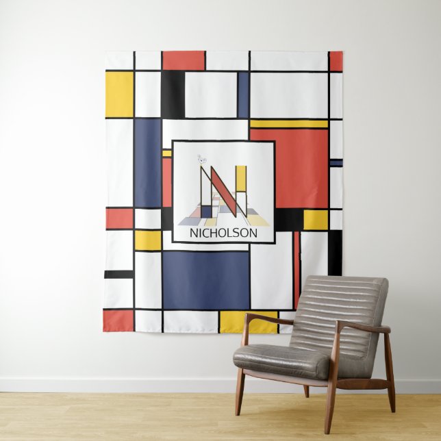 Lovely Neoplasticism Art Monogram. Letter N Tapestry (In Situ)