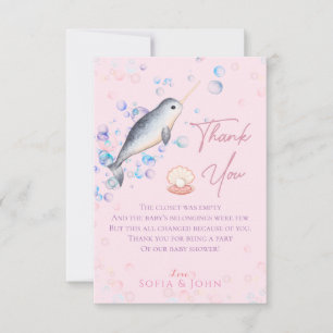 Lovely ocean baby Narwhal & bubbles Thank You Car Card