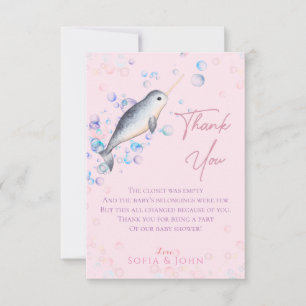 Lovely ocean baby Narwhal & bubbles Thank You Card