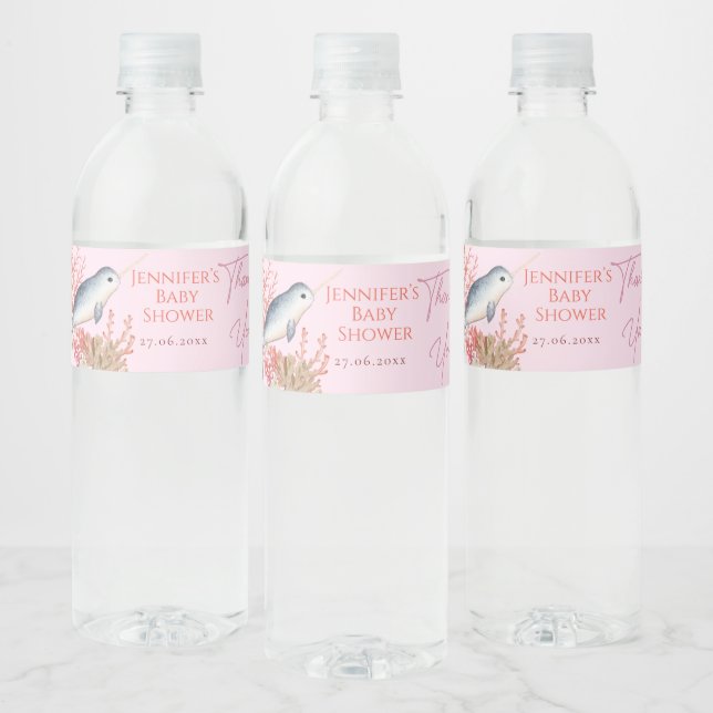 Lovely ocean baby Narwhal & seashells Baby Shower  Water Bottle Label (Bottles)