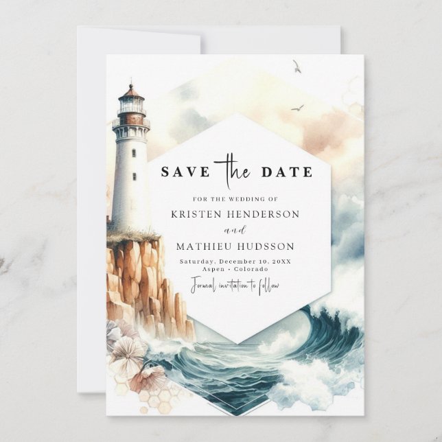 Lovely Ocean Romance Lighthouse Wedding Save The Date (Front)