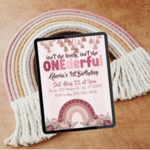 lovely, ONEderful, dusty rose rainbow 1st Birthday Invitation