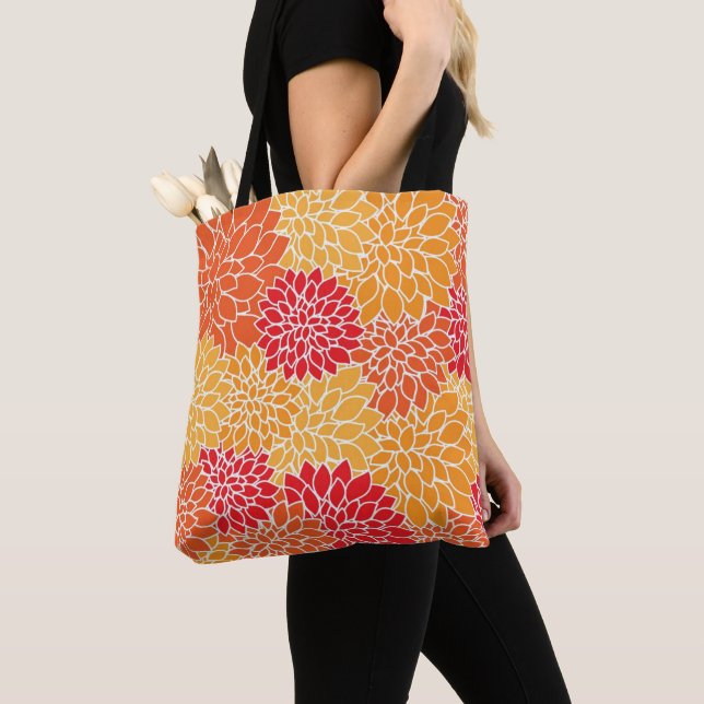 Lovely Orange and Red Dahlia Floral Tote Bag (Close Up)