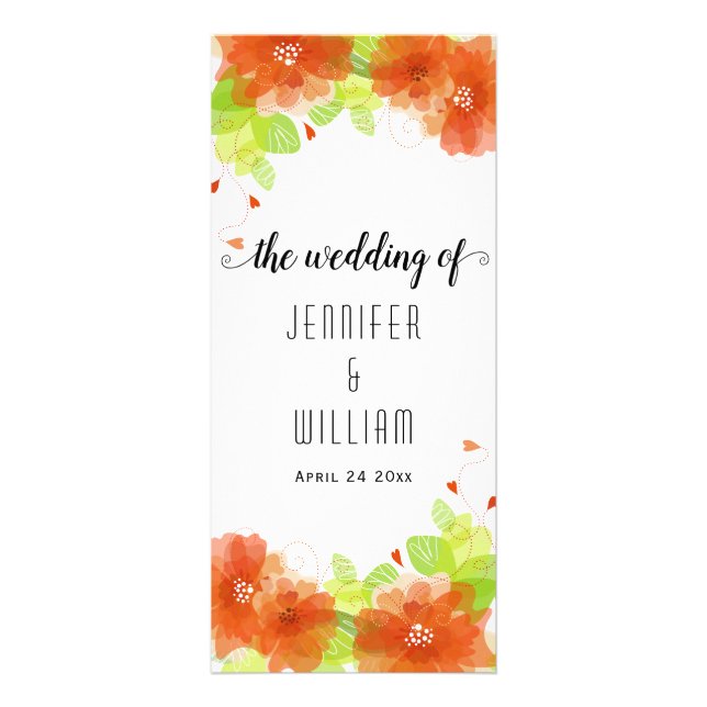 Lovely orange flowers calligraphy wedding program rack card (Front)