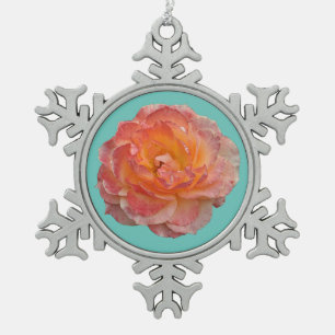Lovely orange peony snowflake pewter christmas ornament