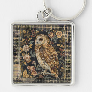 Lovely Owl in the Flowers Garden ,Gold Checkered Key Ring