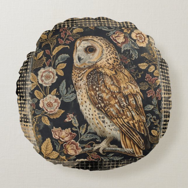 Lovely Owl in the Flowers Garden ,Gold Checkered , Round Cushion (Front)