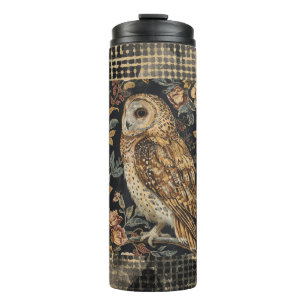 Lovely Owl in the Flowers Garden ,Gold Checkered  Thermal Tumbler