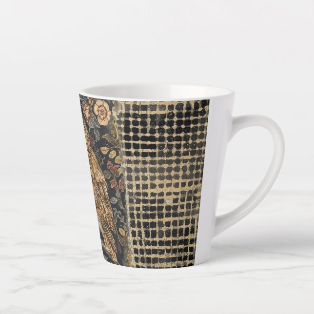 Lovely Owl in the Flowers Garden ,Gold Chequered , Latte Mug (Right)