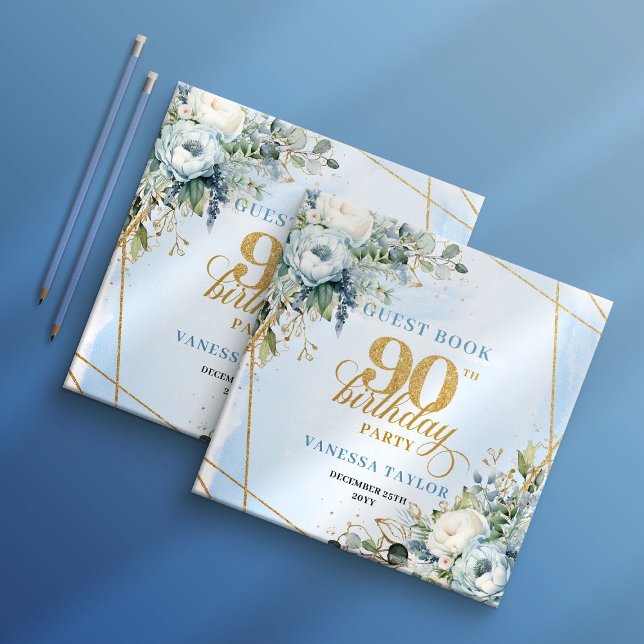 Lovely Pale Blue Gold 90th Birthday Sign In Book (Lovely Pale Blue Gold 90th Birthday Sign In Book)
