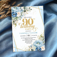 Lovely pale blue gold florals 90th birthday invite