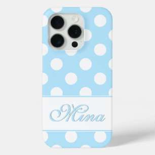 Lovely Pastel Blue, Big Polka Dots, Custom Name iPhone 15 Pro Case