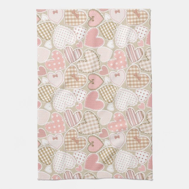 Lovely Patchwork Quilt Pattern Pink Hearts Bows Tea Towel (Vertical)