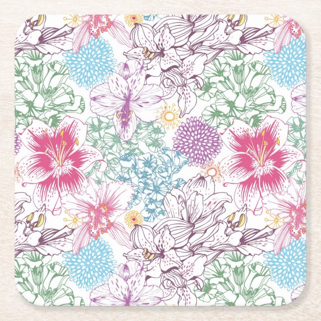 Lovely pattern with colourful flowers square paper coaster (Front)