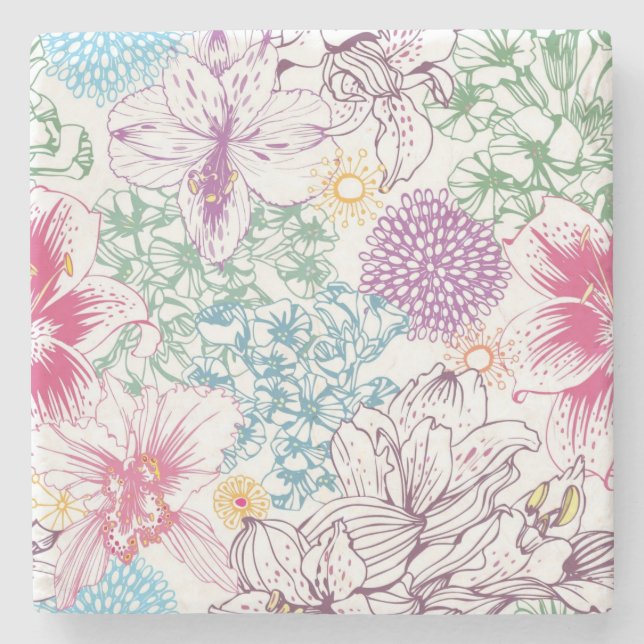 Lovely pattern with colourful flowers stone coaster (Front)