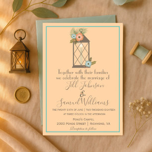 Lovely Peach and Teal Candle Lantern Wedding Invitation