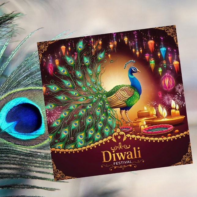 Lovely Peacock Diya Festival of Light Happy Diwali Holiday Card (Creator Uploaded)