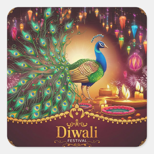 Lovely Peacock Diya Festival of Light Happy Diwali Square Sticker (Front)