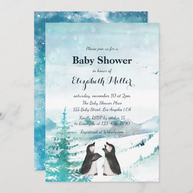 Lovely Penguin Snow Landscape Baby Shower Invitation (Front/Back)
