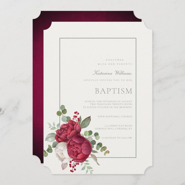 Lovely Peonies Sage Green Script Baptism Invitation (Front/Back)