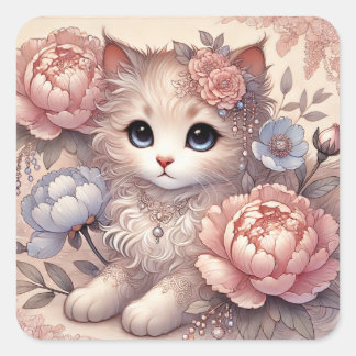 Lovely Peony Princess Cat Square Sticker