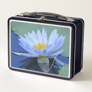 Lovely Personalised Pale Blue Water Lily  Metal Lunch Box