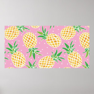 Lovely pineapple on grunge pink polka dots backgro poster