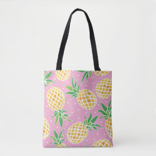 Lovely pineapple on grunge pink polka dots backgro tote bag
