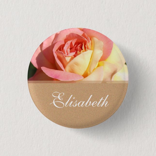 Lovely pink and yellow flower wedding name button. 3 cm round badge (Front)