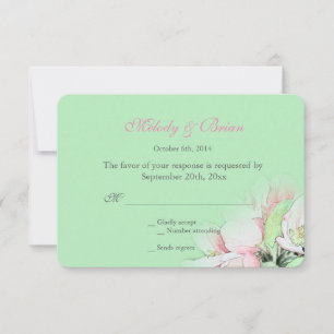 Lovely pink apple flowers in green rsvp wedding card