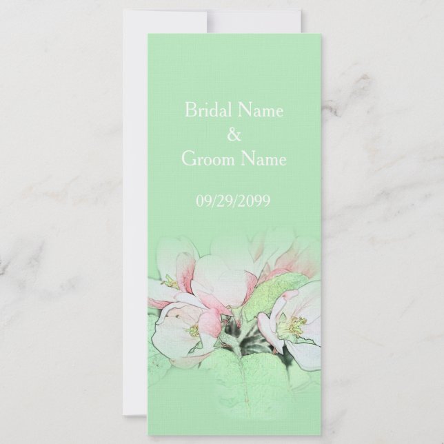 Lovely pink apple flowers in green wedding invitation (Back)