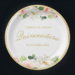 lovely pink blush floral Quinceanera  Paper Plate<br><div class="desc">lovely watercolor blush pink floral design with gold text.</div>