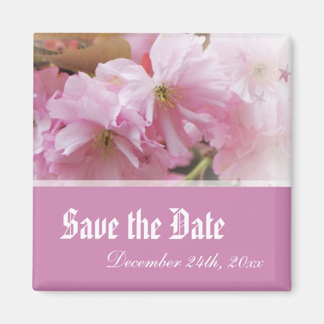 Lovely pink cherry blossom save the date wedding magnet (Front)
