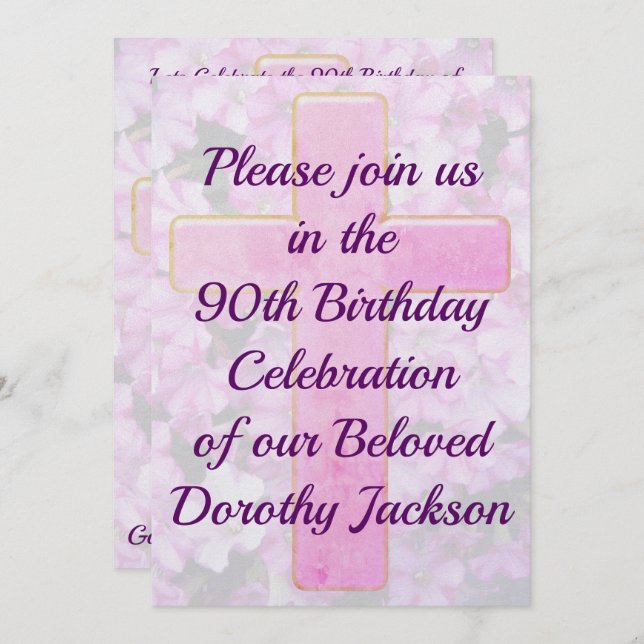 LOVELY PINK CROSS 90TH BIRTHDAY INVITATION (Front/Back)