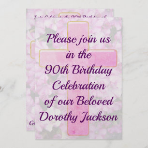 LOVELY PINK CROSS 90TH BIRTHDAY INVITATION