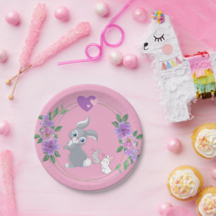 Lovely Pink Easter Bunny with Babies Paper Plate