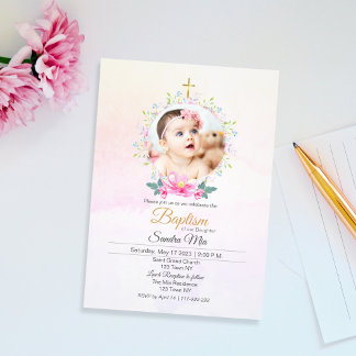 Lovely Pink Floral with Photo Baptism Invitation