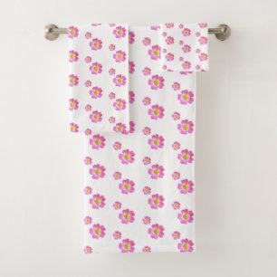 Lovely Pink Flowers on White Bath Towel Set