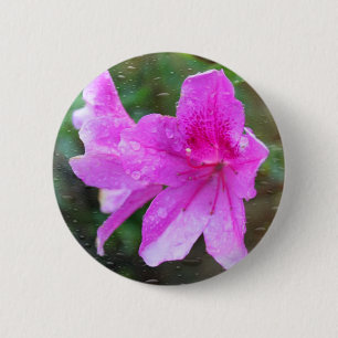 Lovely pink garden flowers with rain drops. floral 6 cm round badge