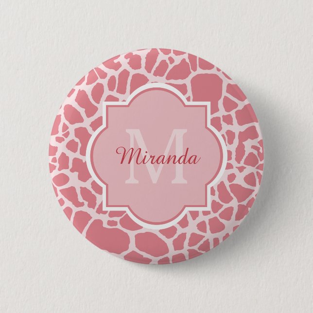 Lovely Pink Giraffe Pattern With Monogram and Name 6 Cm Round Badge (Front)