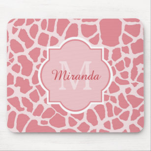 Lovely Pink Giraffe Pattern With Monogram and Name Mouse Pad