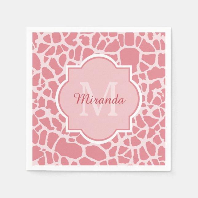 Lovely Pink Giraffe Pattern With Monogram and Name Napkin (Front)