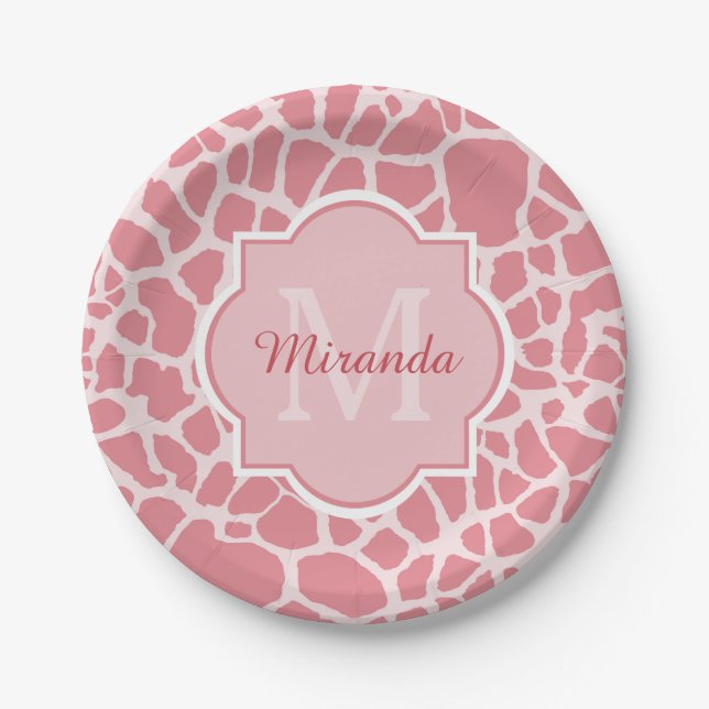 Lovely Pink Giraffe Pattern With Monogram and Name Paper Plate (Front)