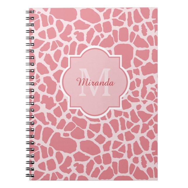 Lovely Pink Giraffe Pattern With Monogram and Name Spiral Notebook (Front)