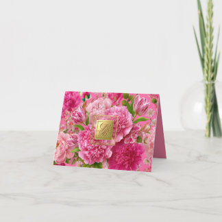 Lovely Pink & Green Floral Monogram Thank You Card