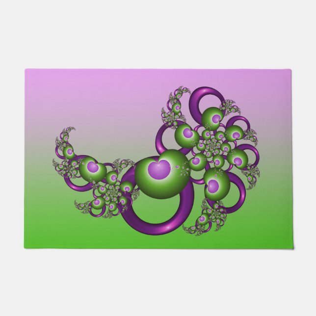 Lovely Pink Green Hearts Modern Abstract Fractal Doormat (Front)