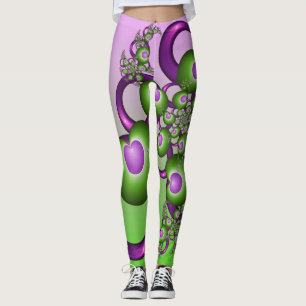 Lovely Pink Green Hearts Modern Abstract Fractal Leggings