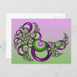 Lovely Pink Green Hearts Modern Abstract Fractal Postcard