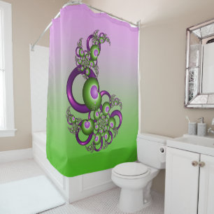 Lovely Pink Green Hearts Modern Abstract Fractal Shower Curtain